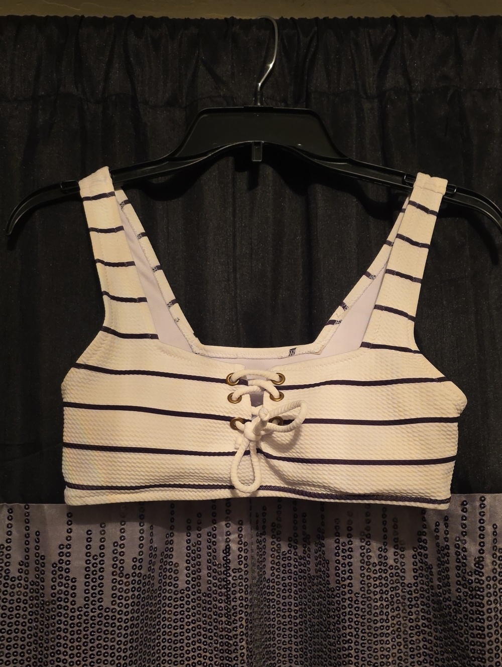 SHEIN White & Black Striped Lace-Up Bikini Top